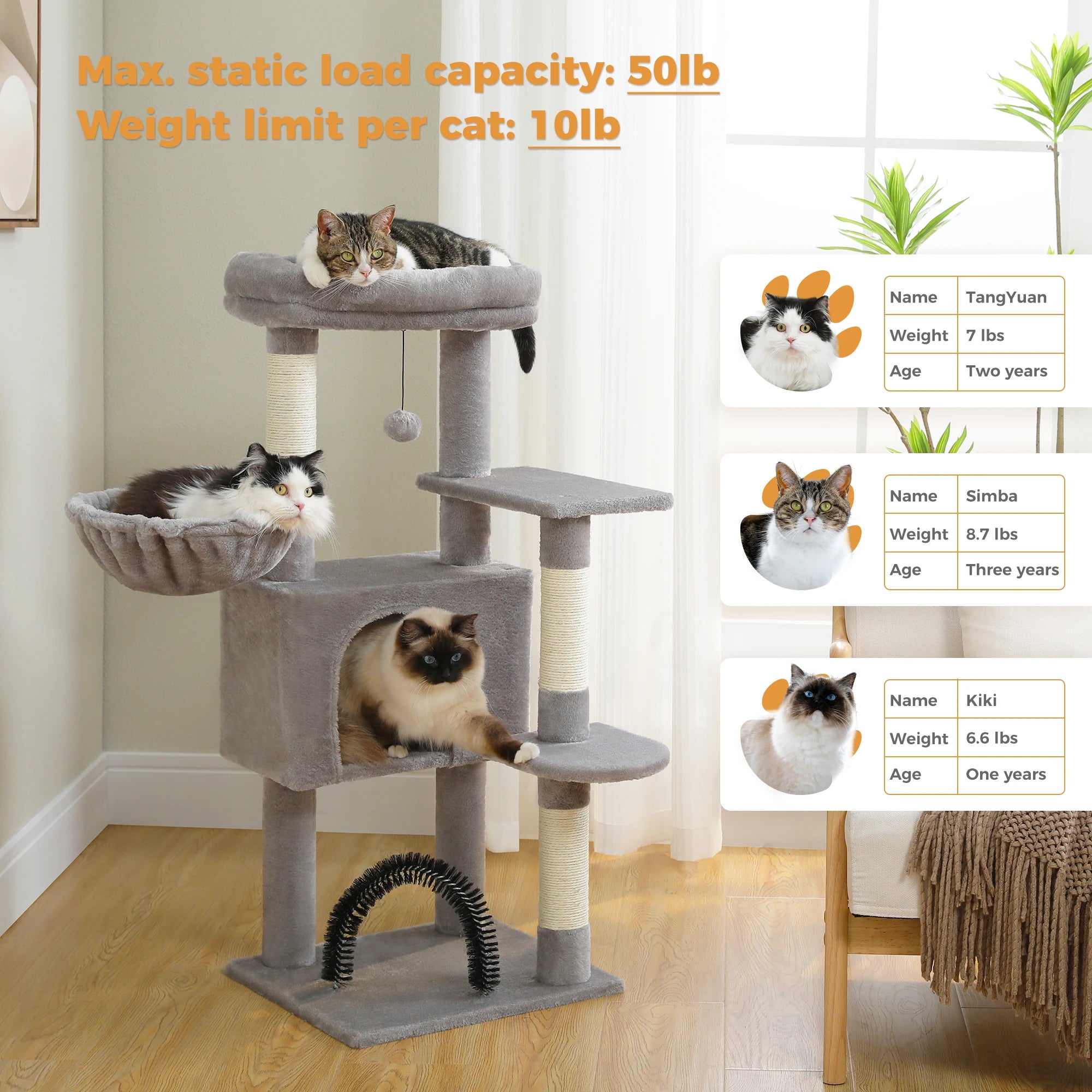 H120CM Cat Tree Condo for Indoor Self Grooming Brush Sisal Scratching Post Soft Perch House and Hanging Ball Toy Cozy Hummock