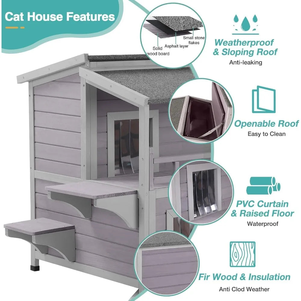 Insulated Outdoor Cat House, Weatherproof Cats Shelter for Winter with Foam Heated Liner, Outside 2 Story Pet House, Kitten Cage
