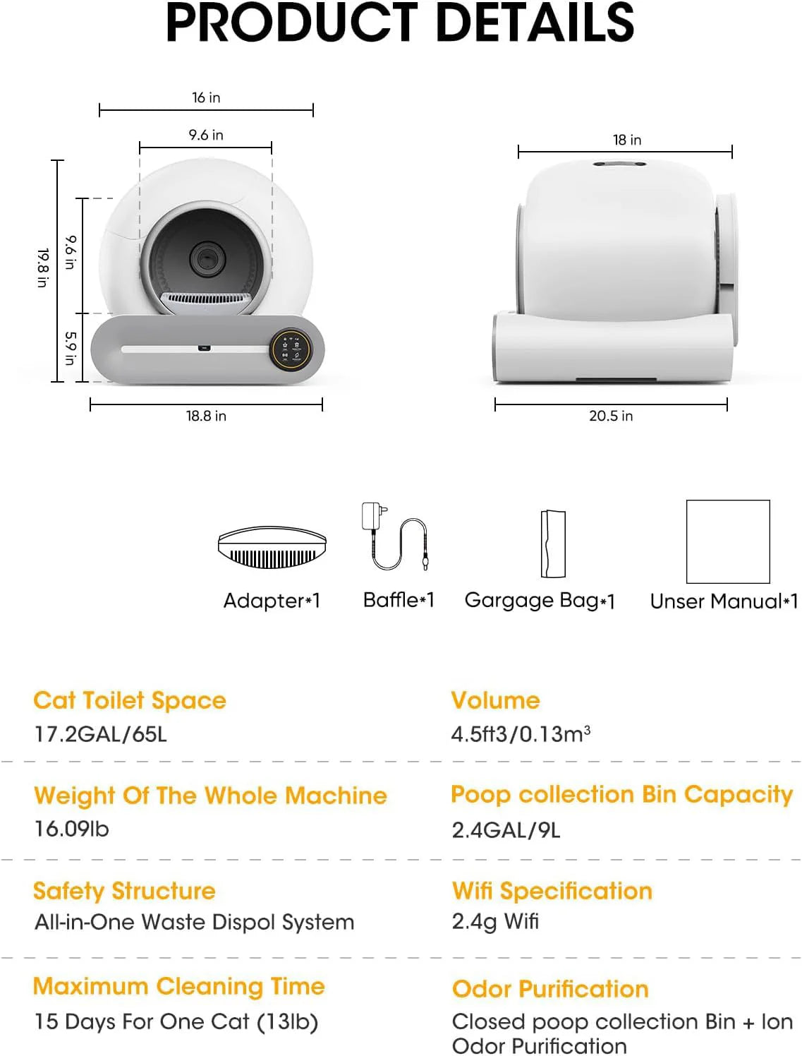 Tonepie 65L Automatic Smart Cat Litter Box Self Cleaning Fully Enclosed Cat Litter Box Pet Toilet Litter Tray English versions