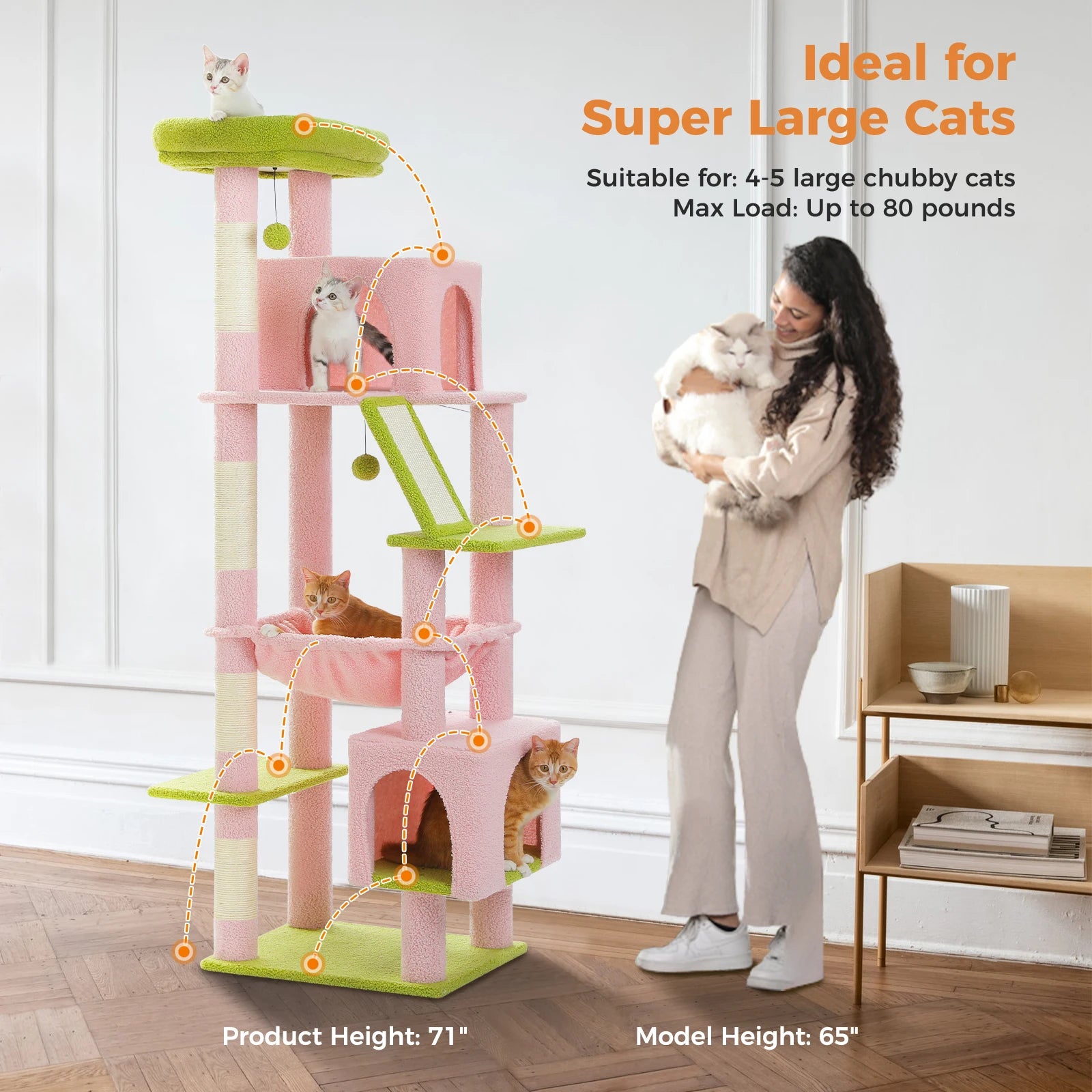 Cat Tree for Large Cats, Tall Cat Tower for indoor Cats Multi-level Cat House Furniture with 2 Big Condo Pad Bed Scratching Post
