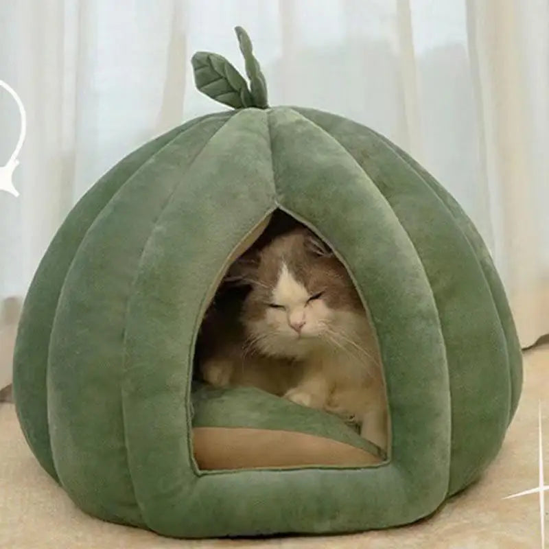 Enclosed Cat Nest Winter Warm Cat Bed Pumpkin Shape Pet Sleeping House for Cats Comfortable Washable Cat Sleeping Bed Pet Supply