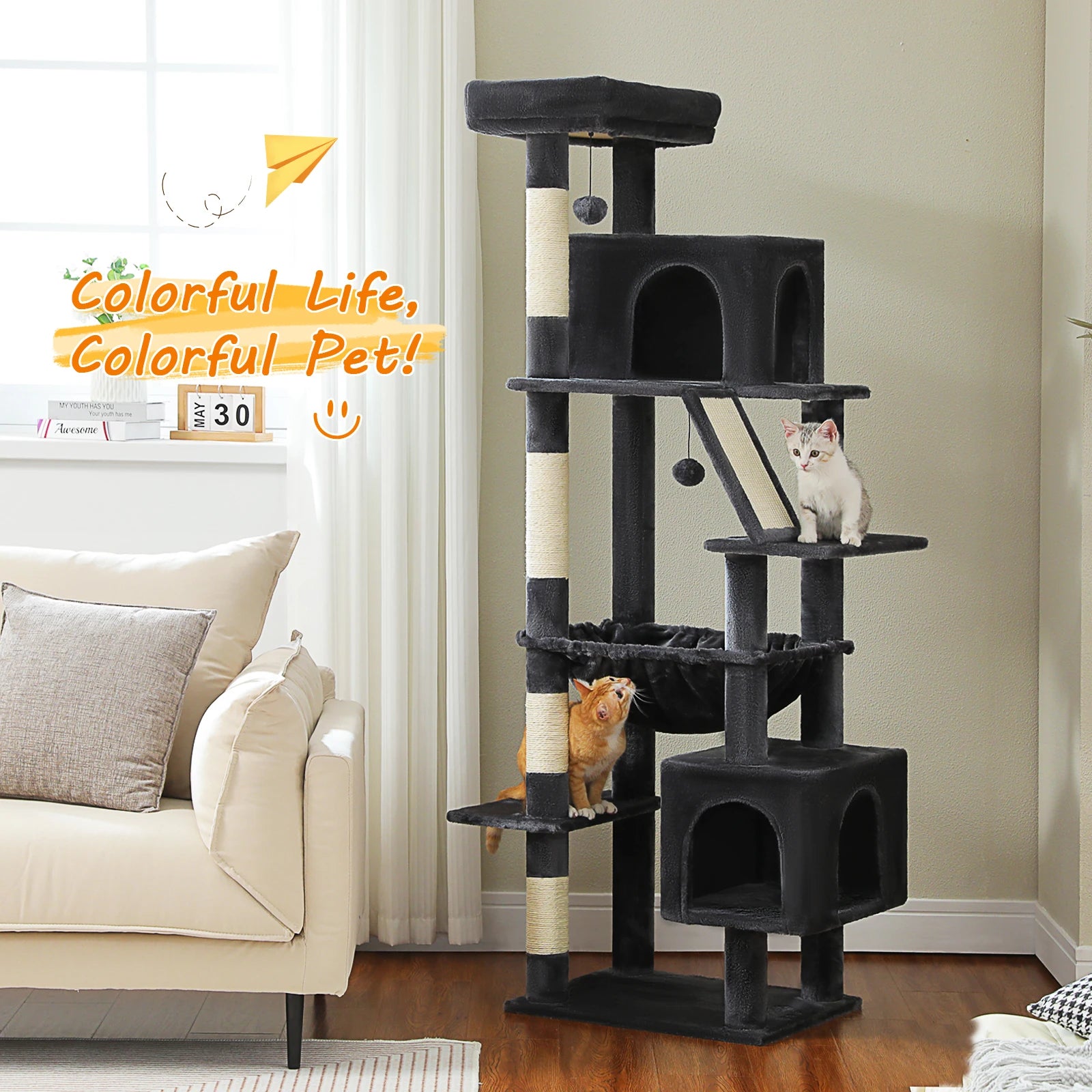 Cat Tree for Large Cats, Tall Cat Tower for indoor Cats Multi-level Cat House Furniture with 2 Big Condo Pad Bed Scratching Post