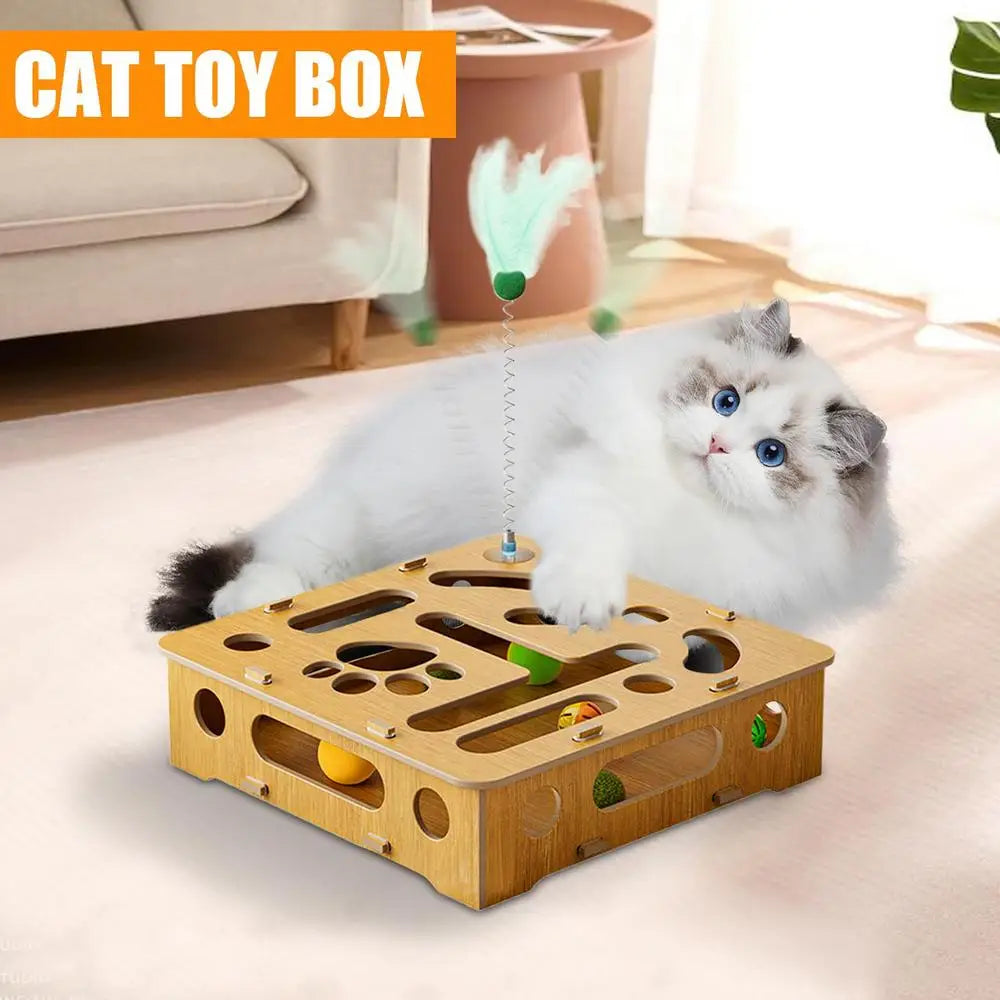 Cat Puzzle Toy Cat Toys Puzzle Wood Box with Feather and Balls Indoor Sports Entertainment Hunting Cat Toys for Indoor Cats