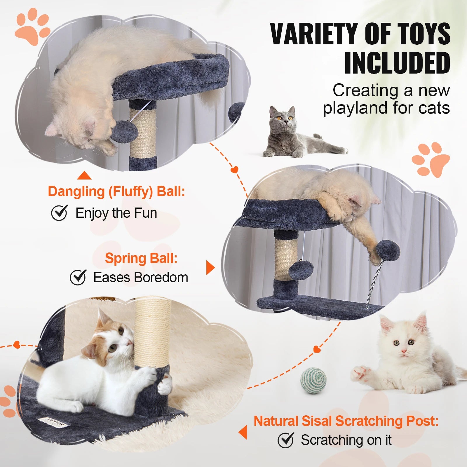 SucceBuy Cat Tree Fifth Floor Standing Cat Tower with Scratching Post Hammock Large Cat House Hanging Ball Cat Activity Center