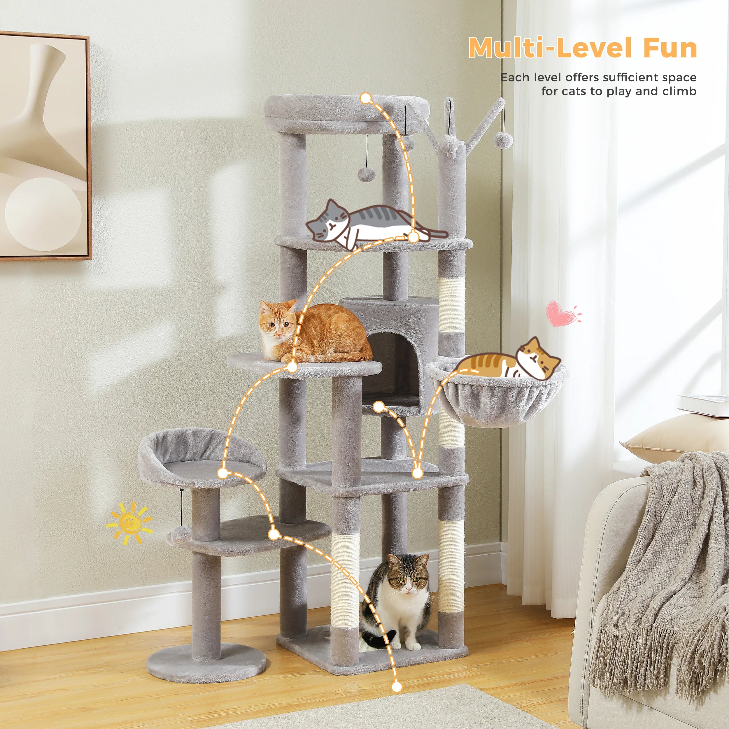 Multi-Level Cat Tree with Scratching Post Hammock Large Perches Hanging Balls Tall Cat Tower for Indoor Spacious Cat Condo House