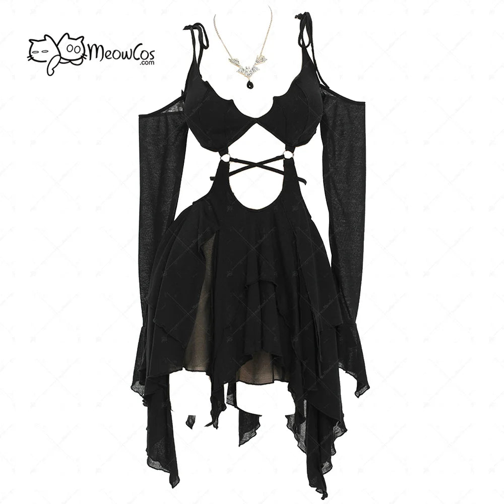 MEOWCOS Women Dark Bat Style Gothic Dress Black Camisole Cut Out Long Sleeves Dress Irregular Dress with Necklace