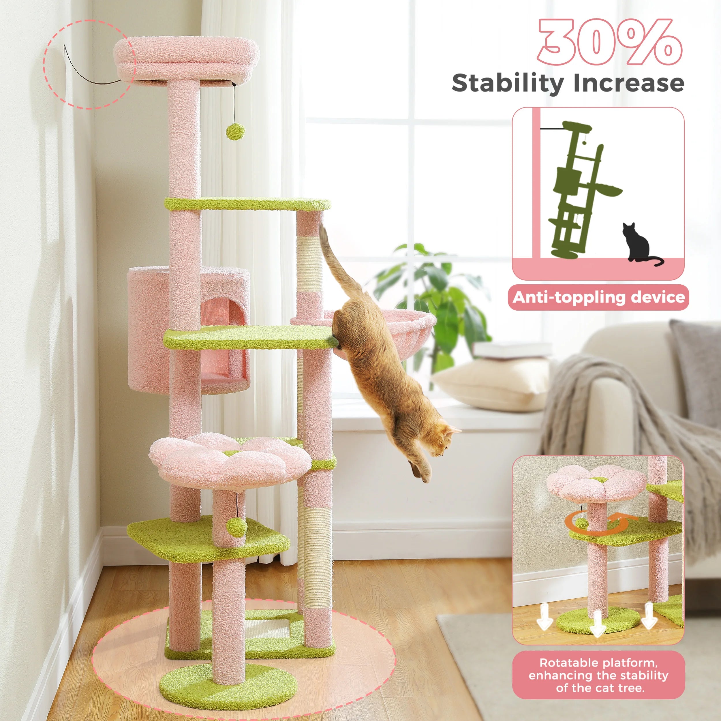 Multi-Level Cat Tree with Scratching Post Hammock Large Perches Hanging Balls Tall Cat Tower for Indoor Spacious Cat Condo House