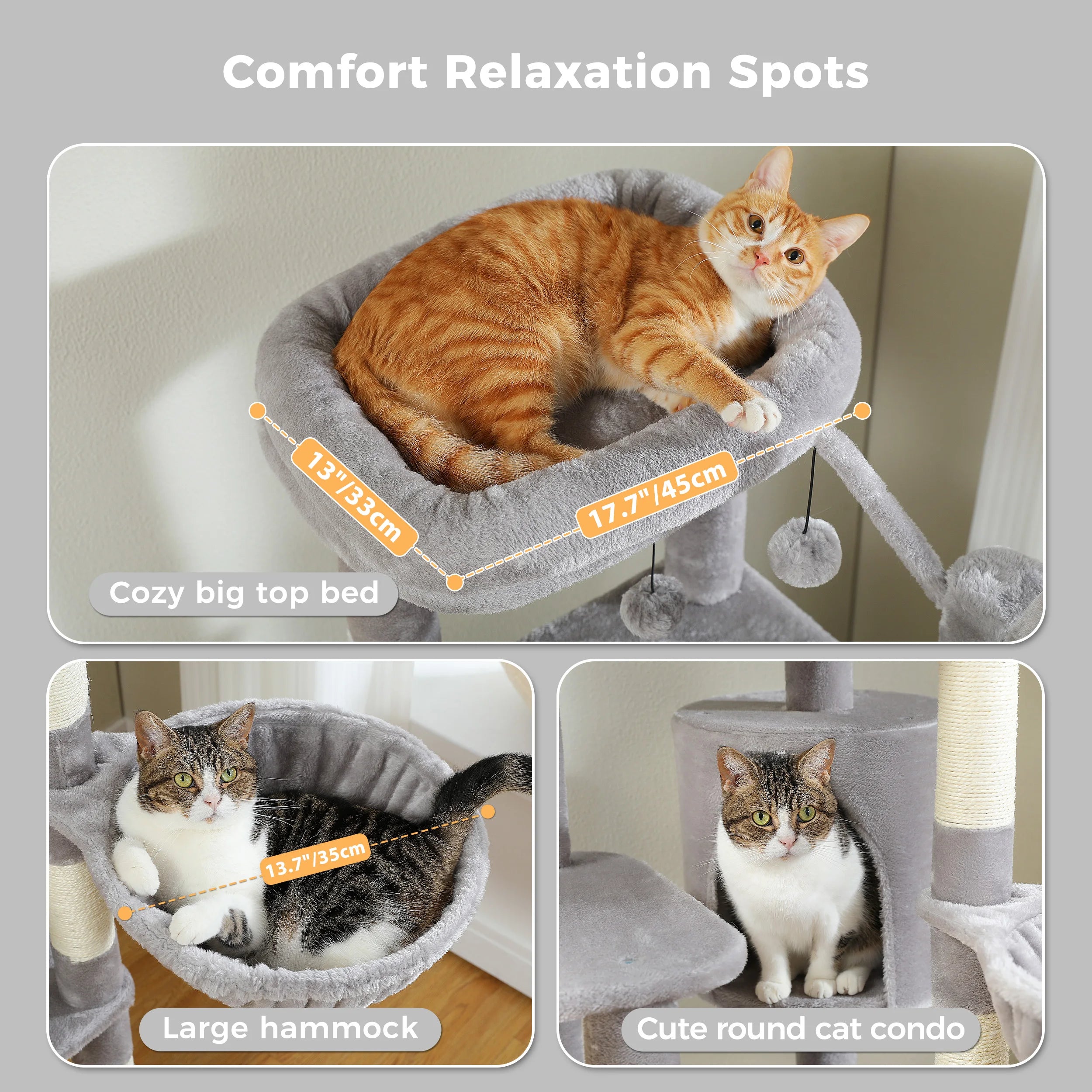 Multi-Level Cat Tree with Scratching Post Hammock Large Perches Hanging Balls Tall Cat Tower for Indoor Spacious Cat Condo House