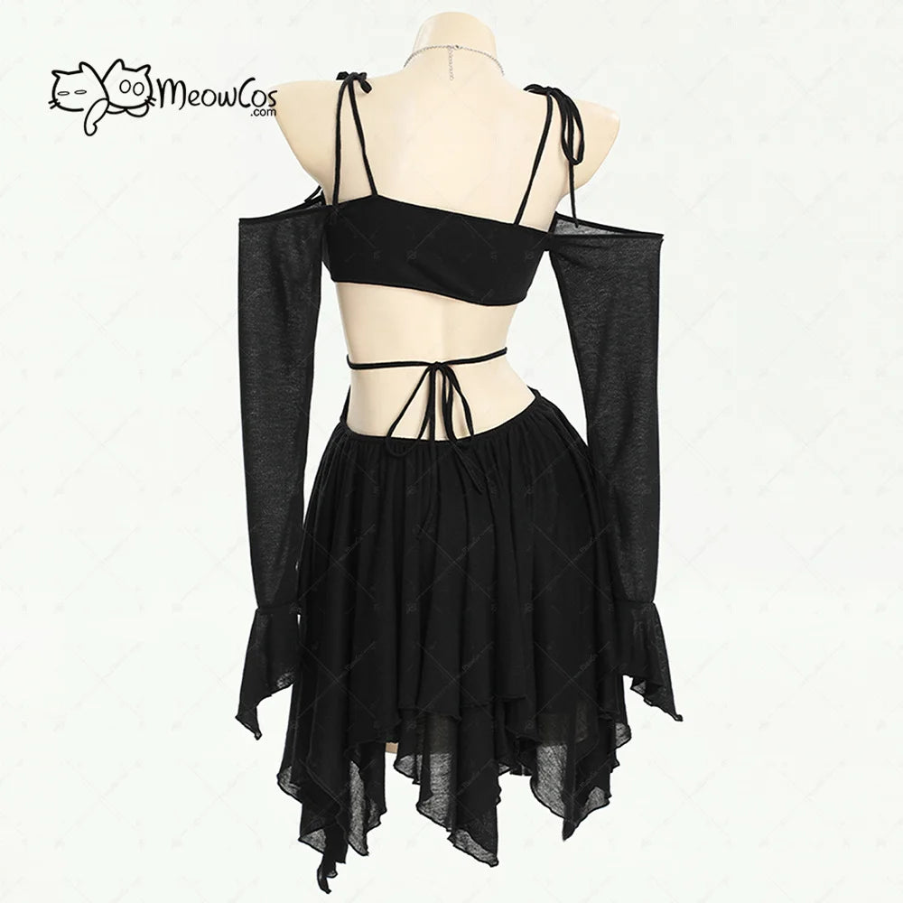 MEOWCOS Women Dark Bat Style Gothic Dress Black Camisole Cut Out Long Sleeves Dress Irregular Dress with Necklace