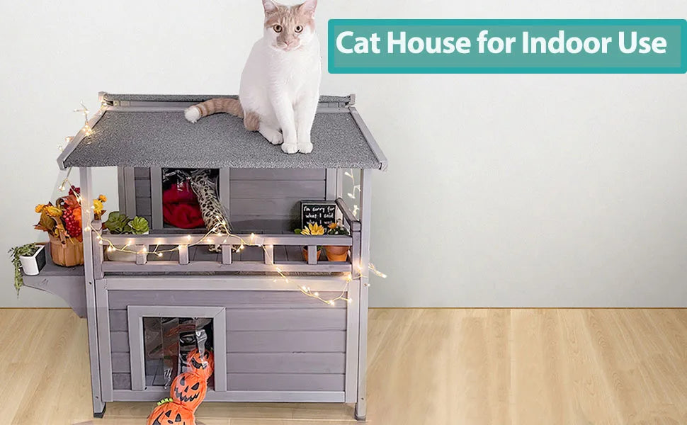 Insulated Outdoor Cat House, Weatherproof Cats Shelter for Winter with Foam Heated Liner, Outside 2 Story Pet House, Kitten Cage