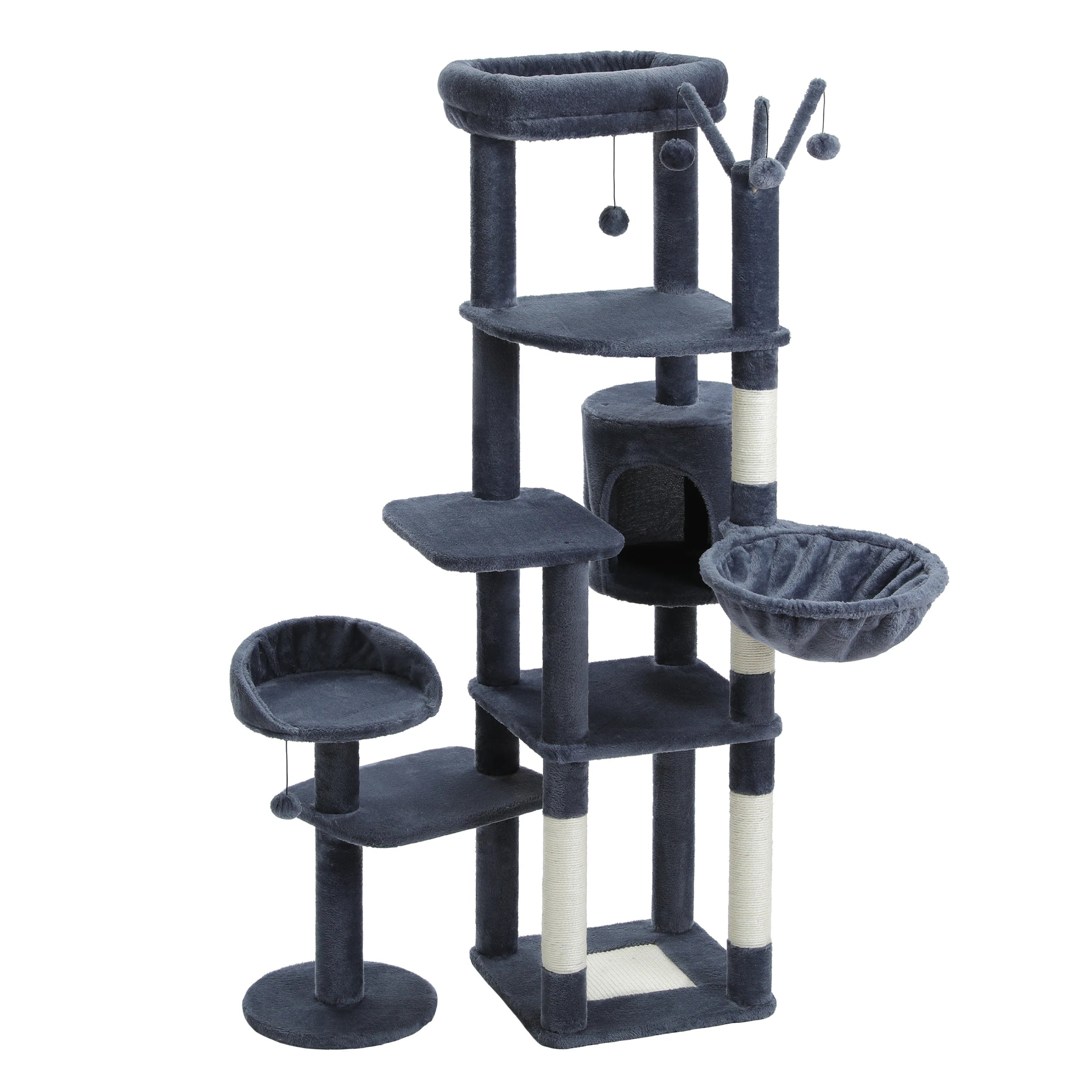 Multi-Level Cat Tree with Scratching Post Hammock Large Perches Hanging Balls Tall Cat Tower for Indoor Spacious Cat Condo House
