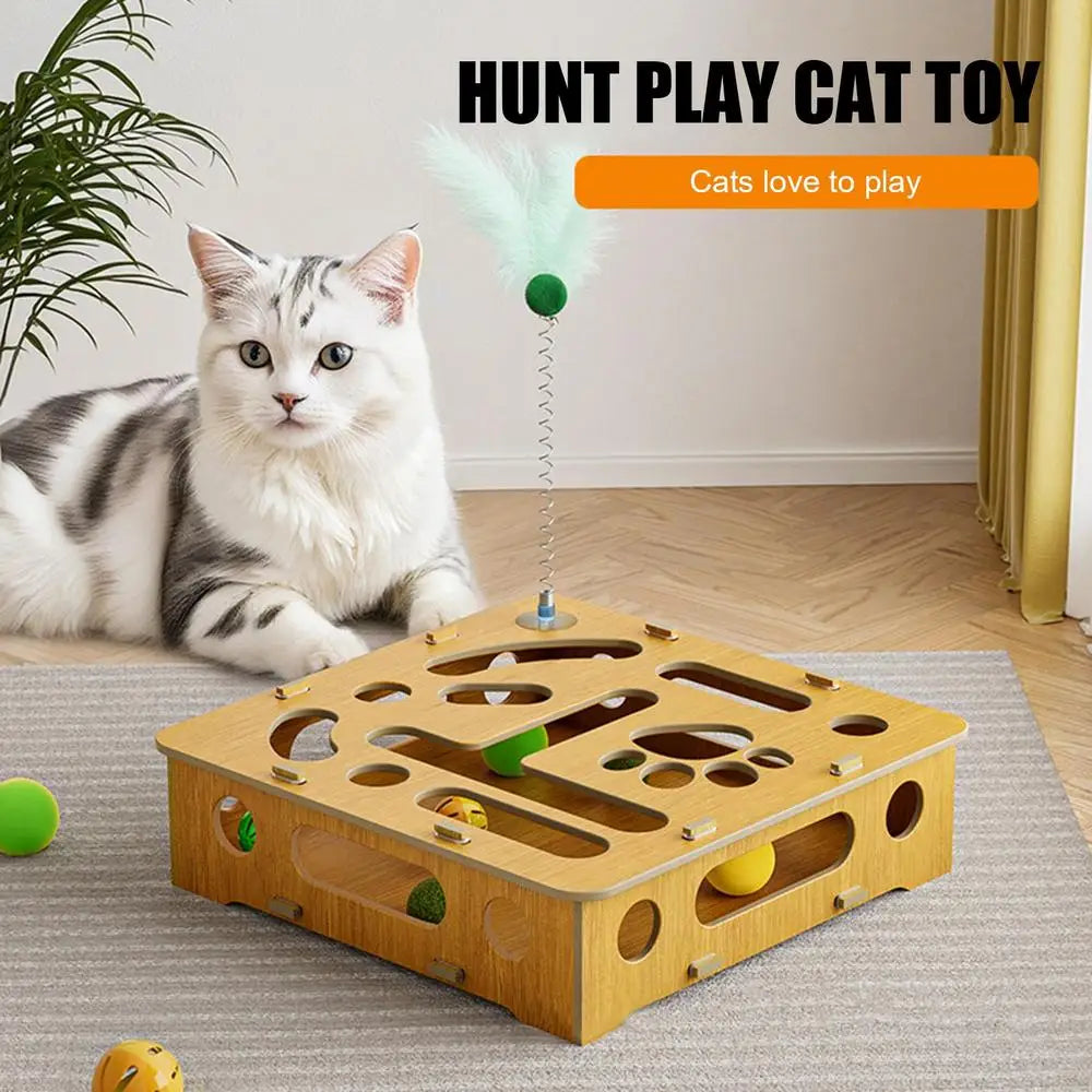 Cat Puzzle Toy Cat Toys Puzzle Wood Box with Feather and Balls Indoor Sports Entertainment Hunting Cat Toys for Indoor Cats