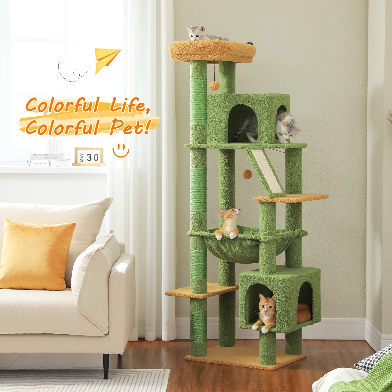 Cat Tree for Large Cats, Tall Cat Tower for indoor Cats Multi-level Cat House Furniture with 2 Big Condo Pad Bed Scratching Post