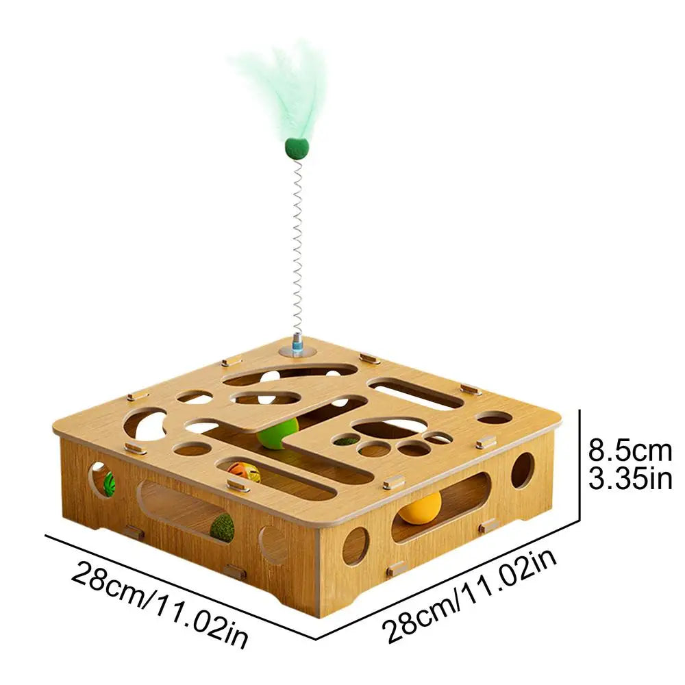 Cat Puzzle Toy Cat Toys Puzzle Wood Box with Feather and Balls Indoor Sports Entertainment Hunting Cat Toys for Indoor Cats