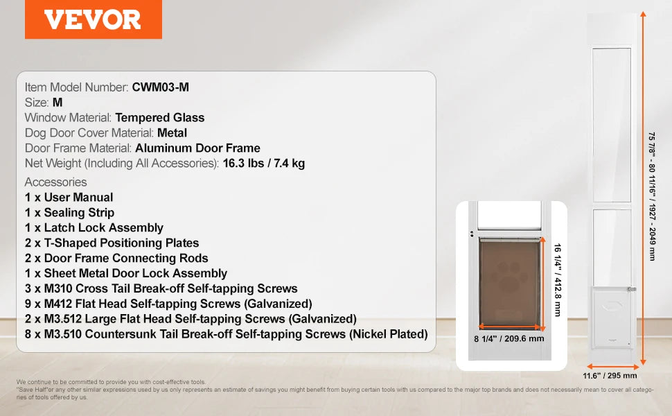 VEVOR Dog Door Sliding Glass Door Adjustable Height Doggy Door Sliding Doors Aluminum Frame Tempered Glass Pet Door