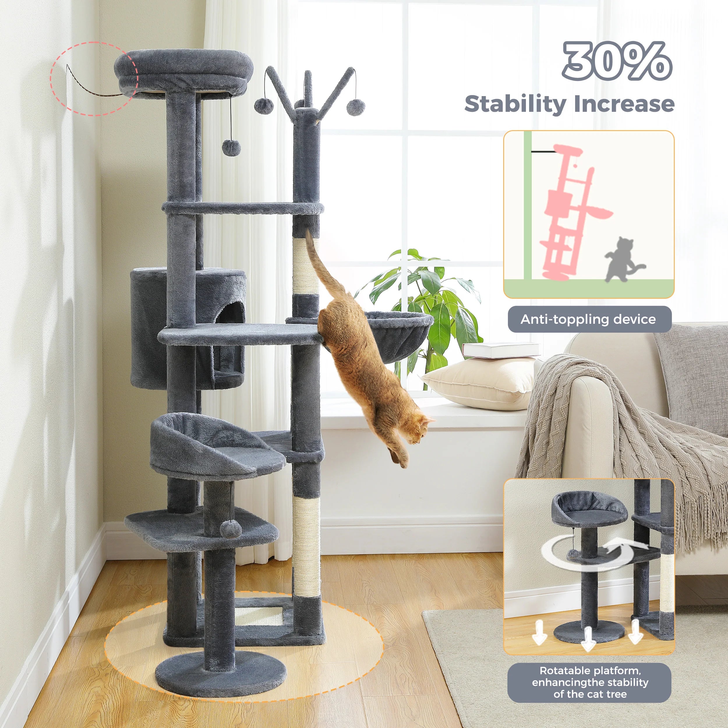 Multi-Level Cat Tree with Scratching Post Hammock Large Perches Hanging Balls Tall Cat Tower for Indoor Spacious Cat Condo House