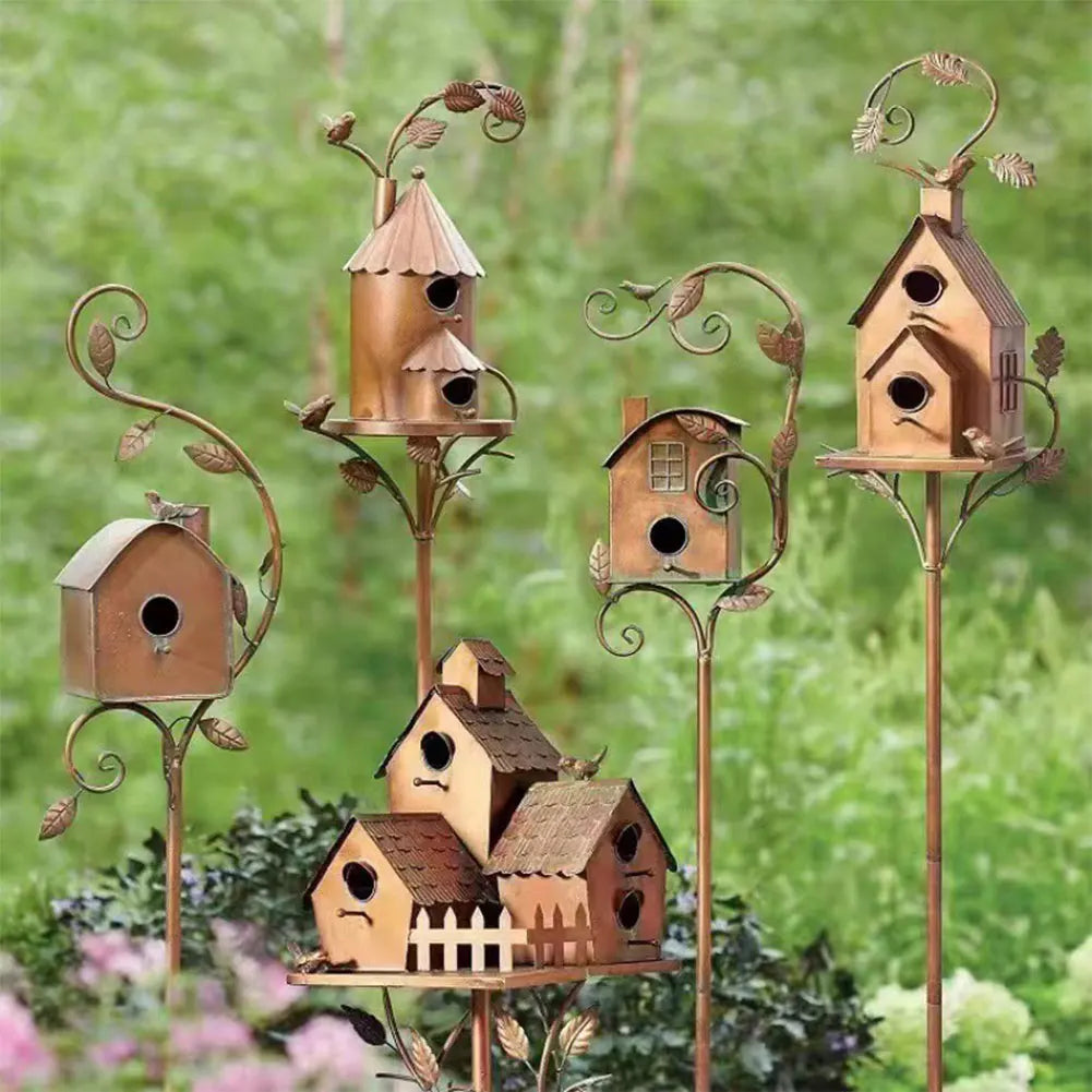 Birdhouse Garden Stakes Outdoor Decor Metal Bird House Art Crafts Bird Feeders Miniatures for Outdoor Garden Decorations