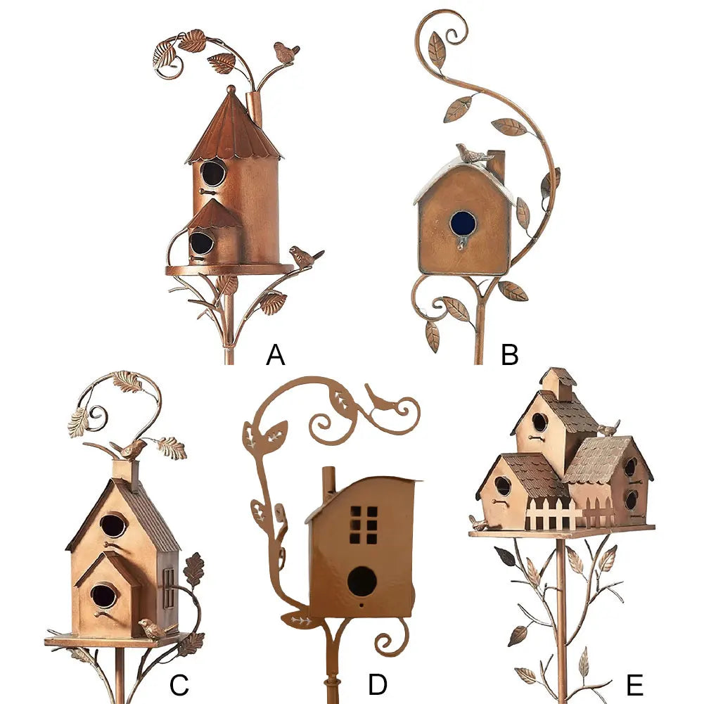 Birdhouse Garden Stakes Outdoor Decor Metal Bird House Art Crafts Bird Feeders Miniatures for Outdoor Garden Decorations