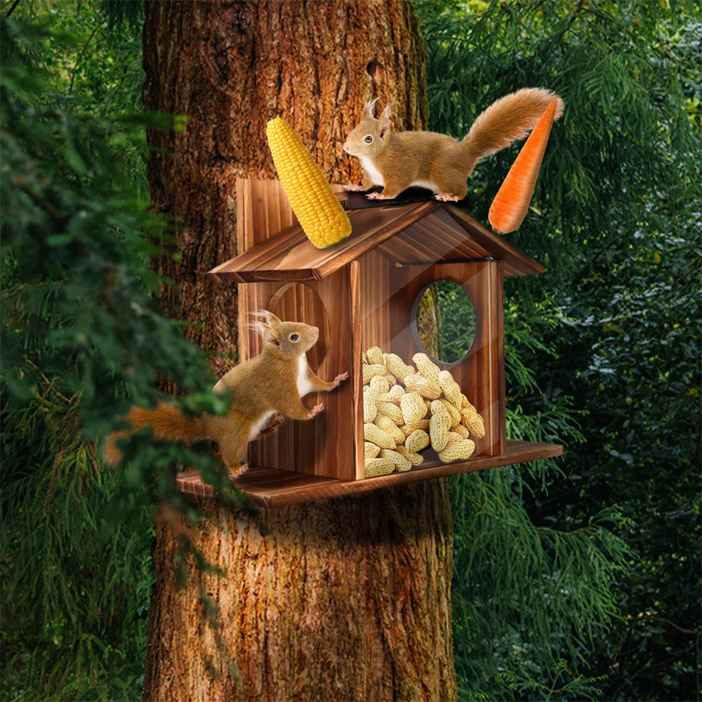Garden Tree Squirrel Feeder Wood House Picnic Table Food Feeding Station Box