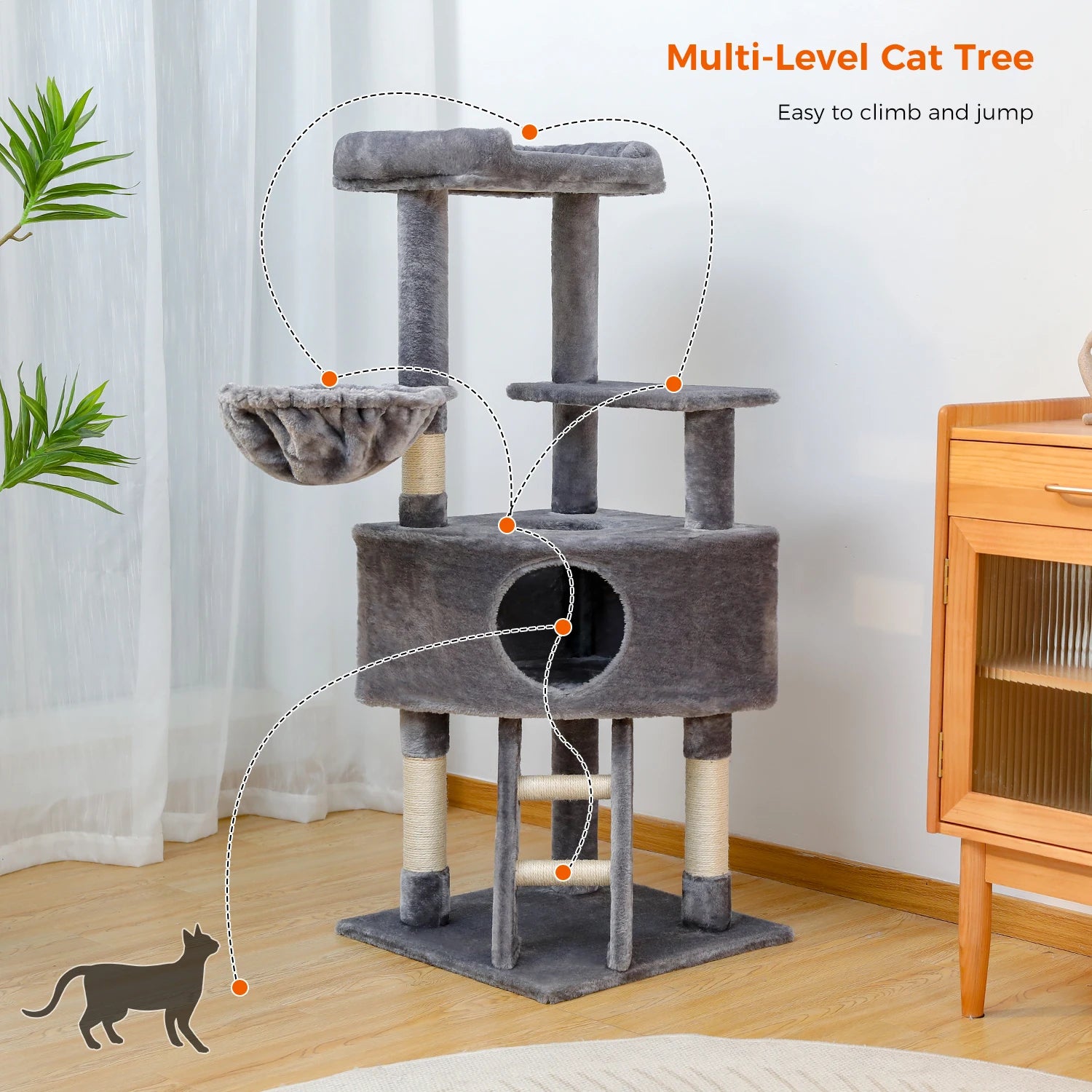 H120CM Cat Tree Condo for Indoor Self Grooming Brush Sisal Scratching Post Soft Perch House and Hanging Ball Toy Cozy Hummock