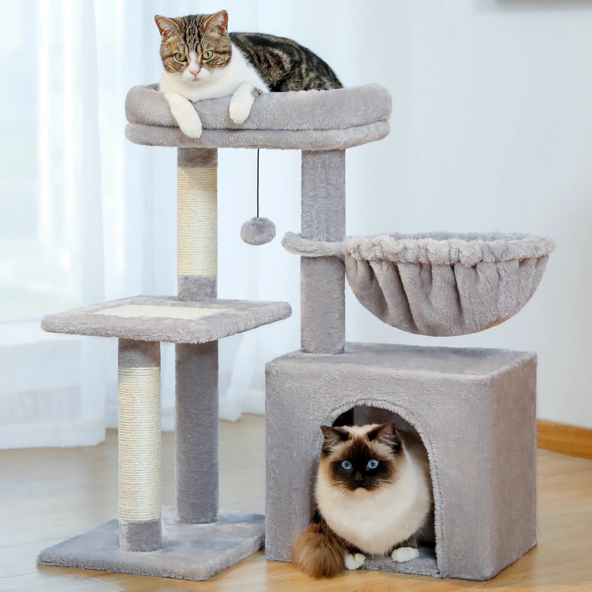 2 in 1 Cat Tree with Sisal Scratching Post Hammock Large Cat Condo Small Cat Tower House for Indoor Cat Scratcher Board Cat Toys