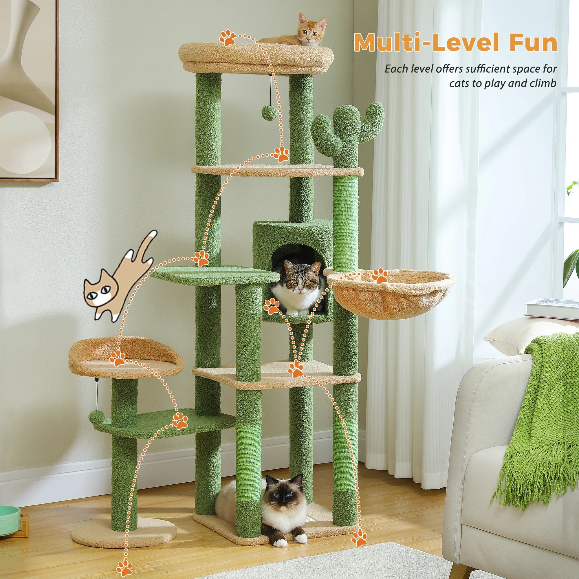Multi-Level Cat Tree with Scratching Post Hammock Large Perches Hanging Balls Tall Cat Tower for Indoor Spacious Cat Condo House