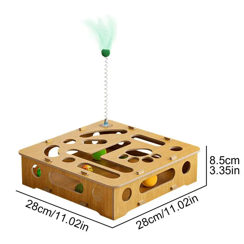Cat Puzzle Toy Cat Toys Puzzle Wood Box with Feather and Balls Indoor Sports Entertainment Hunting Cat Toys for Indoor Cats