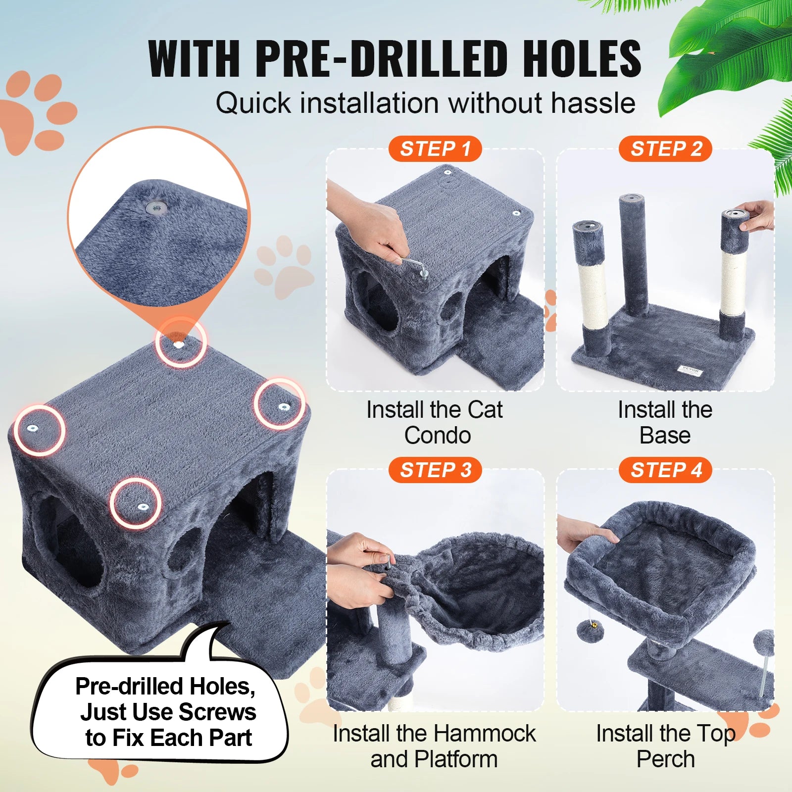 SucceBuy Cat Tree Fifth Floor Standing Cat Tower with Scratching Post Hammock Large Cat House Hanging Ball Cat Activity Center