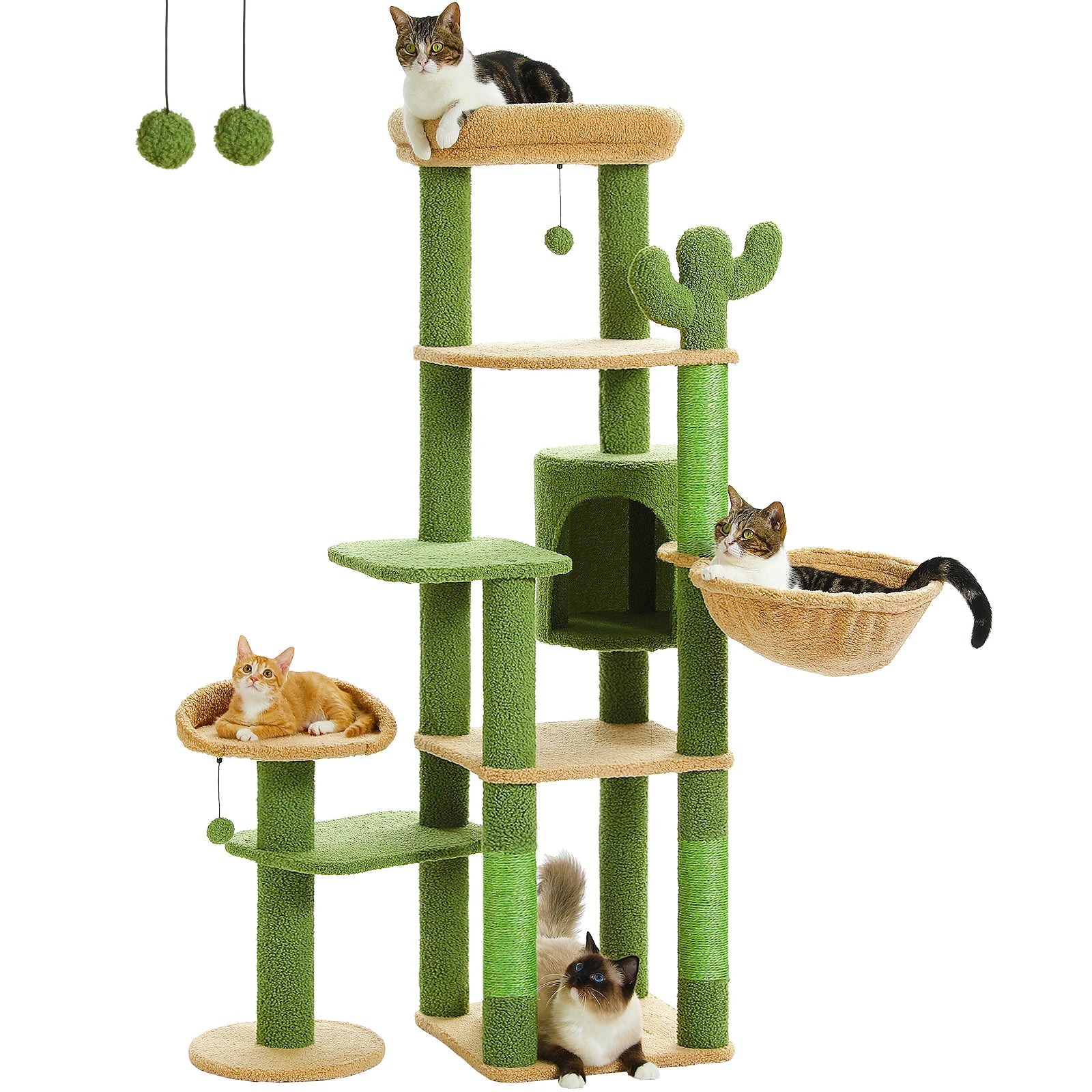 Multi-Level Cat Tree with Scratching Post Hammock Large Perches Hanging Balls Tall Cat Tower for Indoor Spacious Cat Condo House