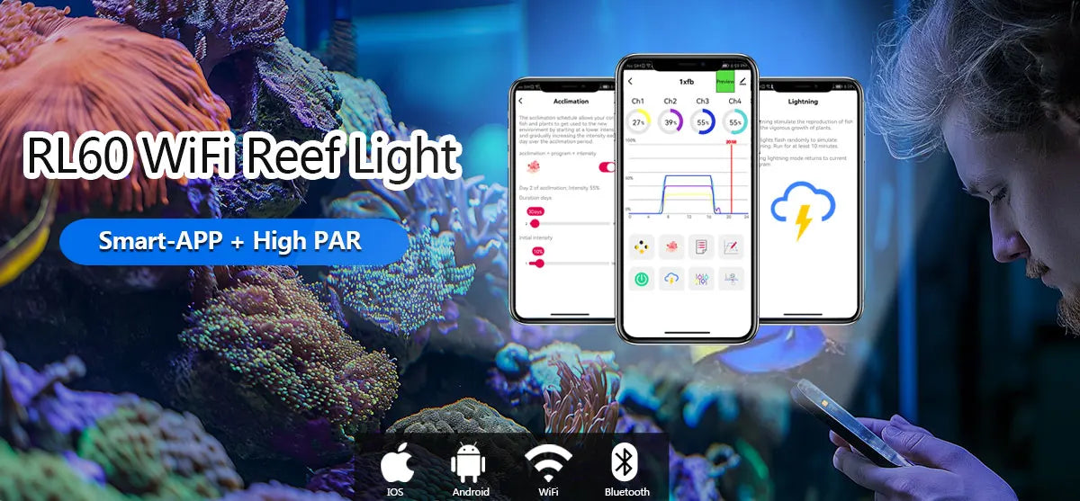 PopBloom RL60/RL90 WiFi Aquarium LED Lighting, APP Program Saltwater LED Aquarium Lamp for Marine Reef Fish Tank, Include Mount