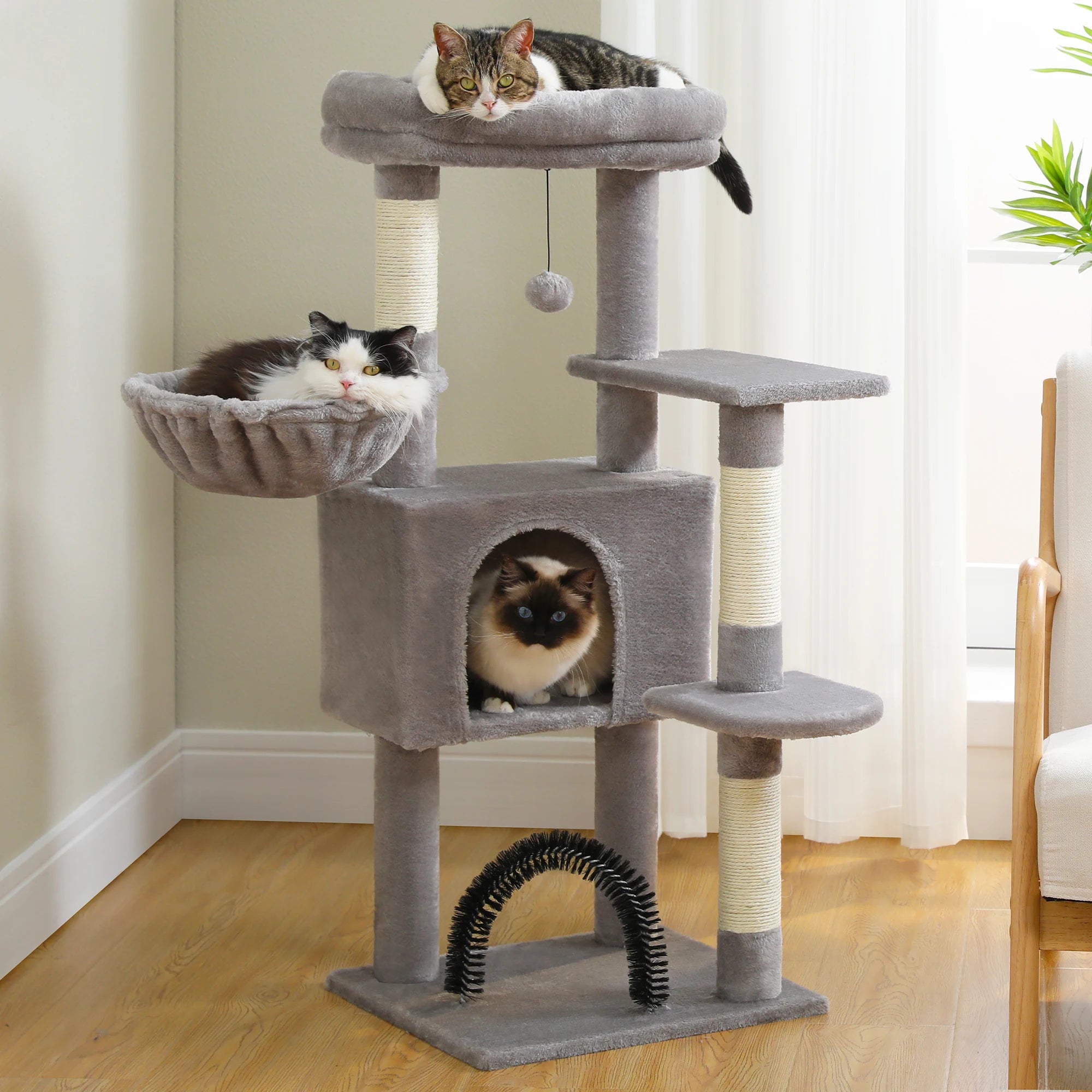 H120CM Cat Tree Condo for Indoor Self Grooming Brush Sisal Scratching Post Soft Perch House and Hanging Ball Toy Cozy Hummock