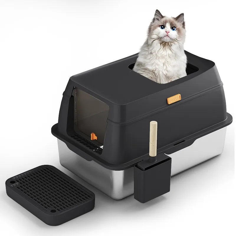 Large Stainless Steel Fully Enclosed Cat Litter Box Deodorizing Cat Toilet Pet Splash Proof Cat Supplies Cat Litter Box