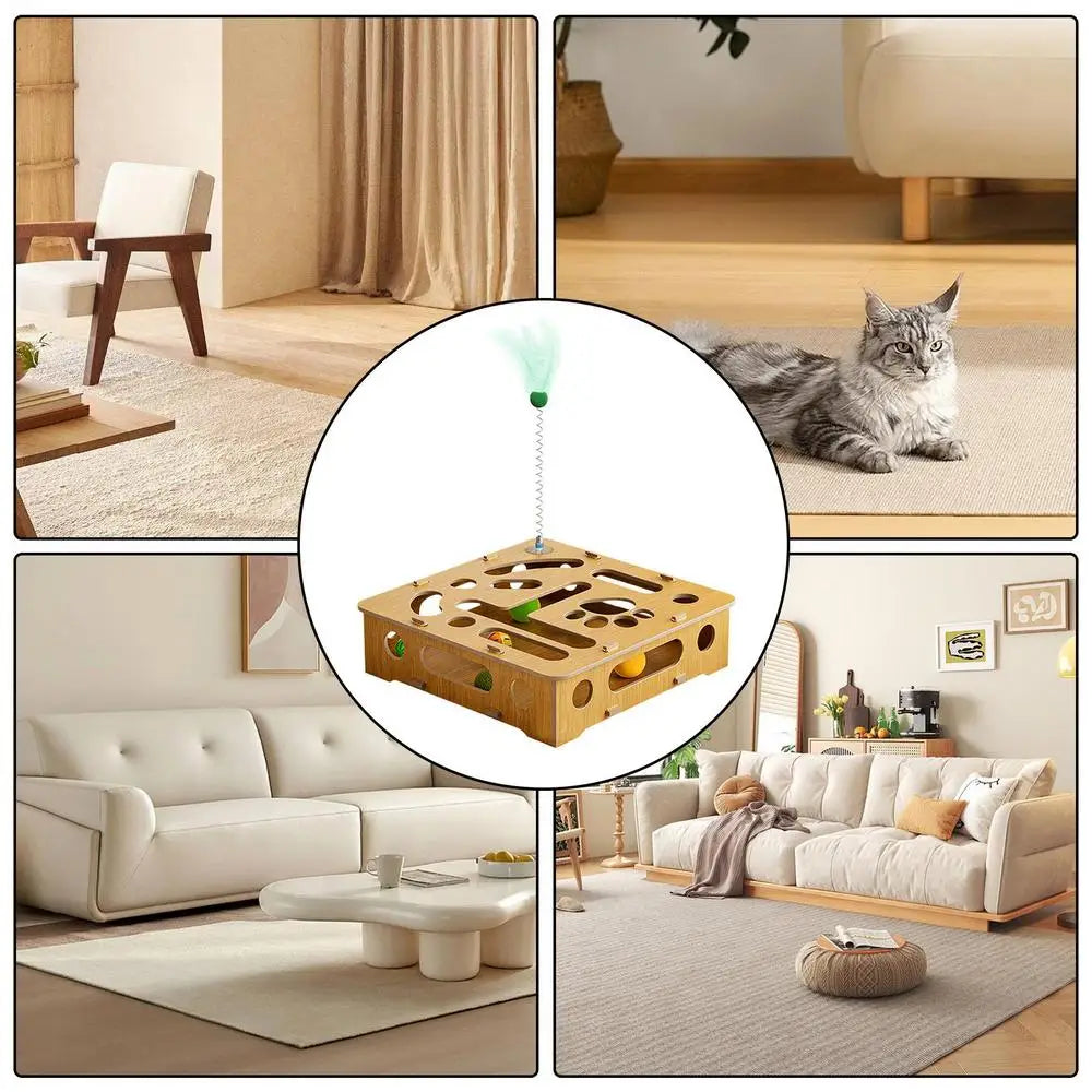 Cat Puzzle Toy Cat Toys Puzzle Wood Box with Feather and Balls Indoor Sports Entertainment Hunting Cat Toys for Indoor Cats