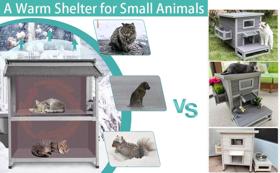Insulated Outdoor Cat House, Weatherproof Cats Shelter for Winter with Foam Heated Liner, Outside 2 Story Pet House, Kitten Cage