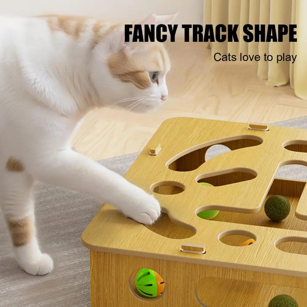 Cat Puzzle Toy Cat Toys Puzzle Wood Box with Feather and Balls Indoor Sports Entertainment Hunting Cat Toys for Indoor Cats