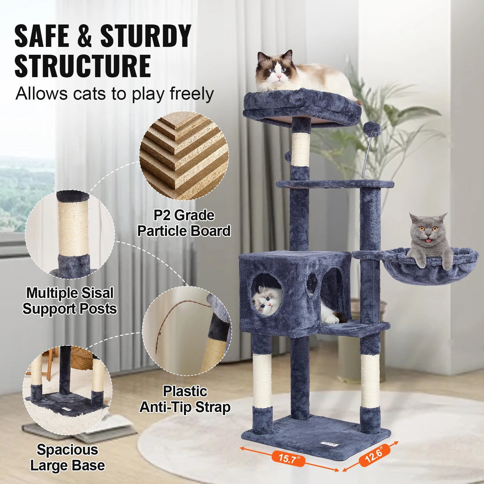 SucceBuy Cat Tree Fifth Floor Standing Cat Tower with Scratching Post Hammock Large Cat House Hanging Ball Cat Activity Center