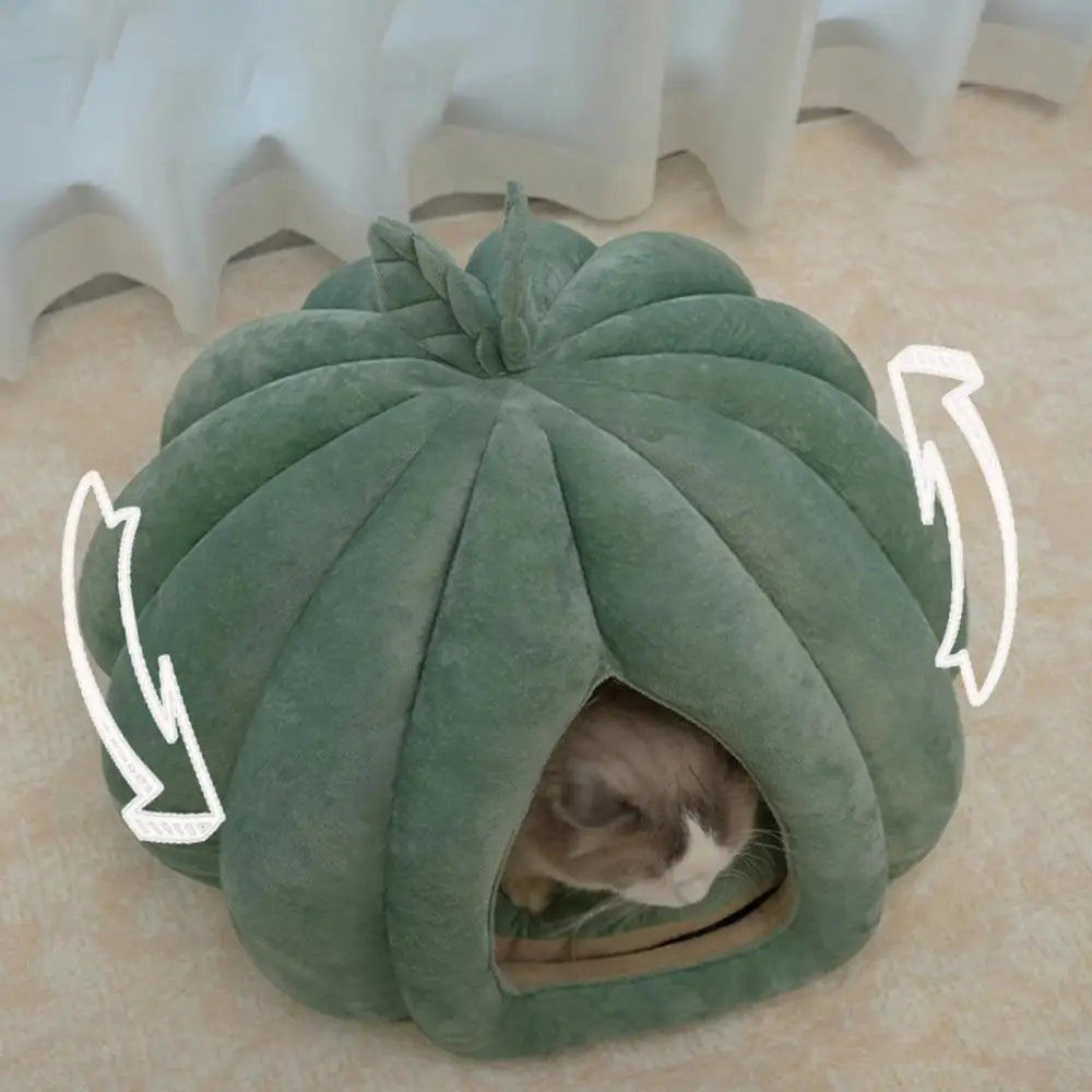 Enclosed Cat Nest Winter Warm Cat Bed Pumpkin Shape Pet Sleeping House for Cats Comfortable Washable Cat Sleeping Bed Pet Supply
