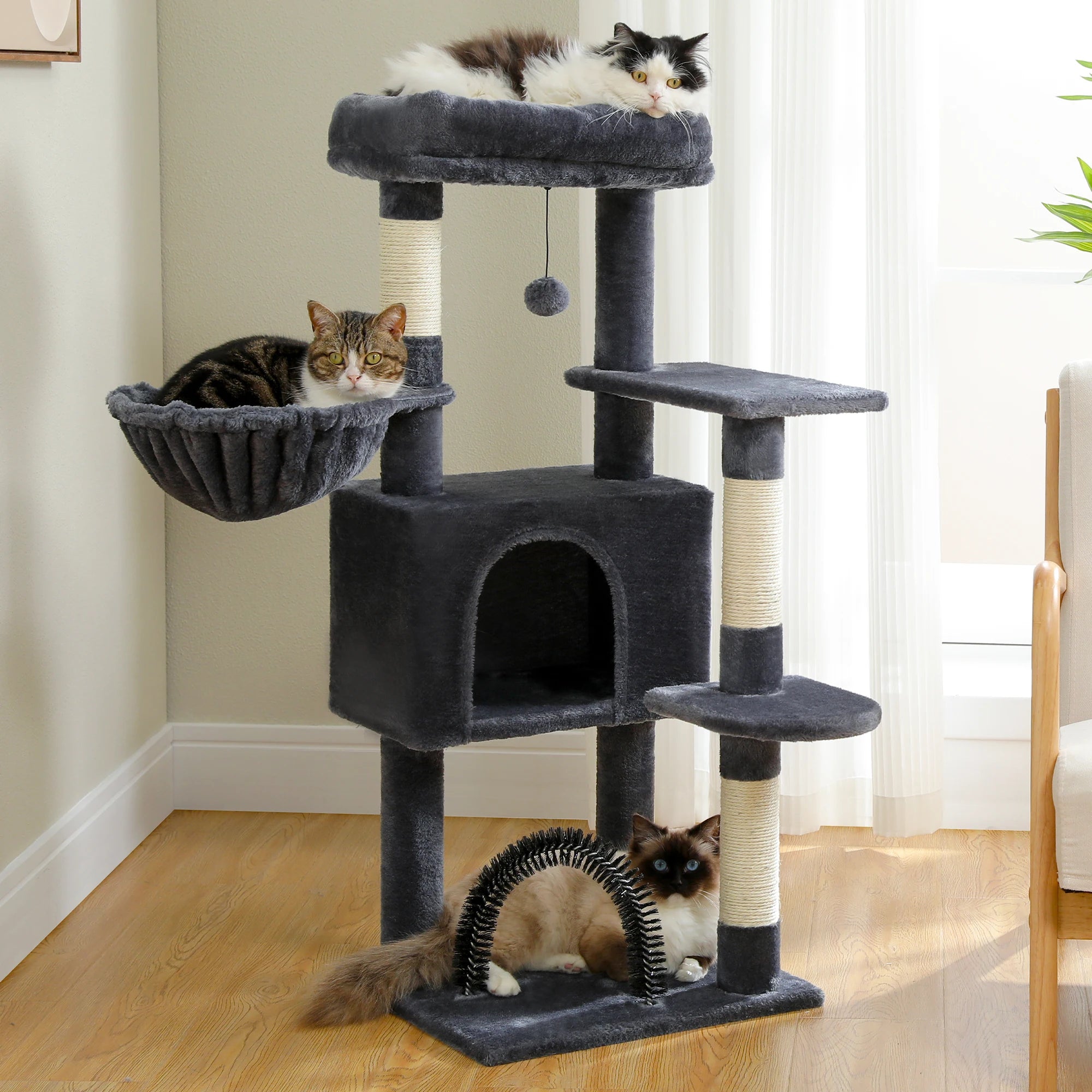 H120CM Cat Tree Condo for Indoor Self Grooming Brush Sisal Scratching Post Soft Perch House and Hanging Ball Toy Cozy Hummock