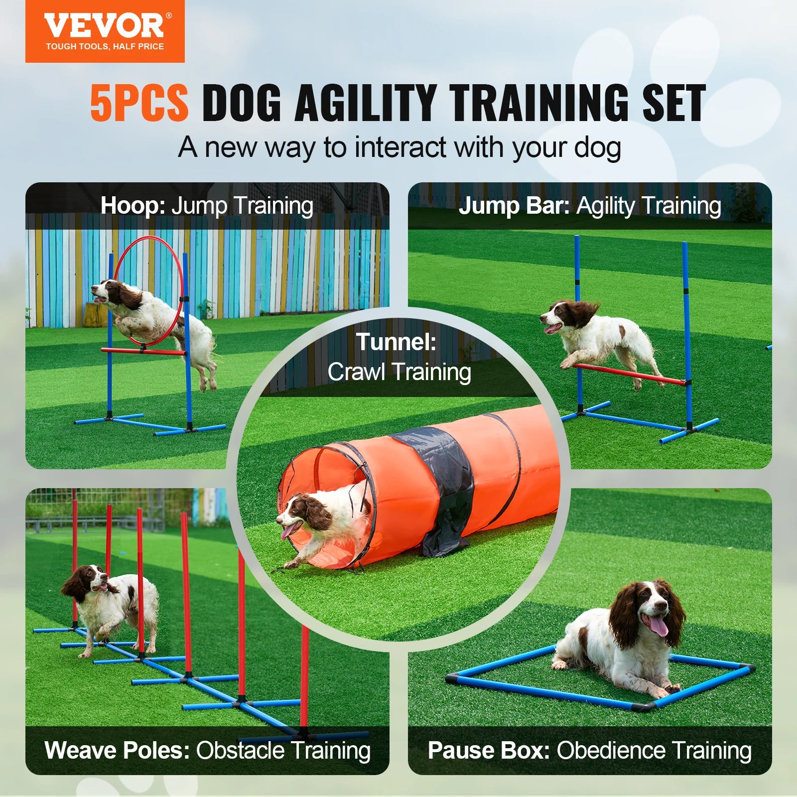 SucceBuy Dog Agility Training Equipment 5PCS Set Upgrade with Adjustable Hurdles Extend Tunne Puppy Obstacle Course Kit with Bag