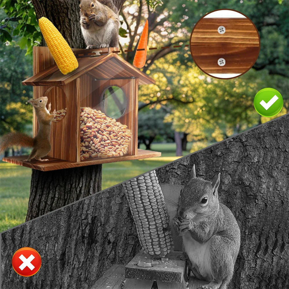 Garden Tree Squirrel Feeder Wood House Picnic Table Food Feeding Station Box