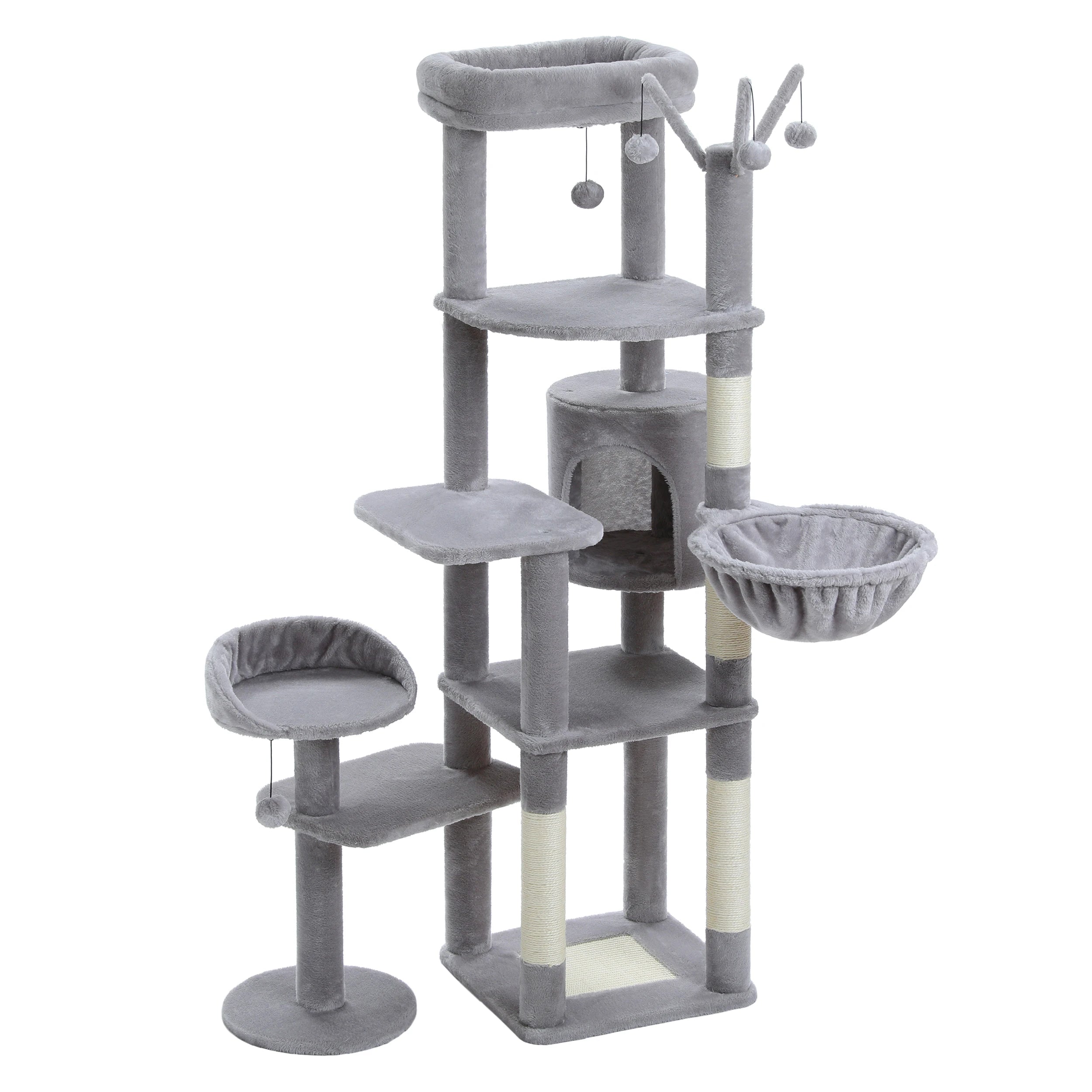 Multi-Level Cat Tree with Scratching Post Hammock Large Perches Hanging Balls Tall Cat Tower for Indoor Spacious Cat Condo House