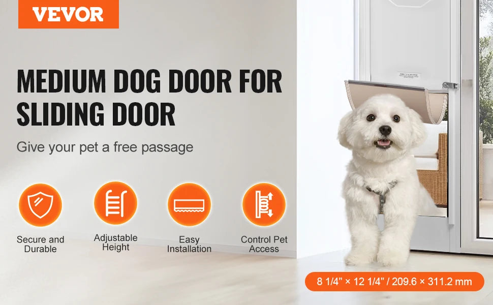 VEVOR Dog Door Sliding Glass Door Adjustable Height Doggy Door Sliding Doors Aluminum Frame Tempered Glass Pet Door
