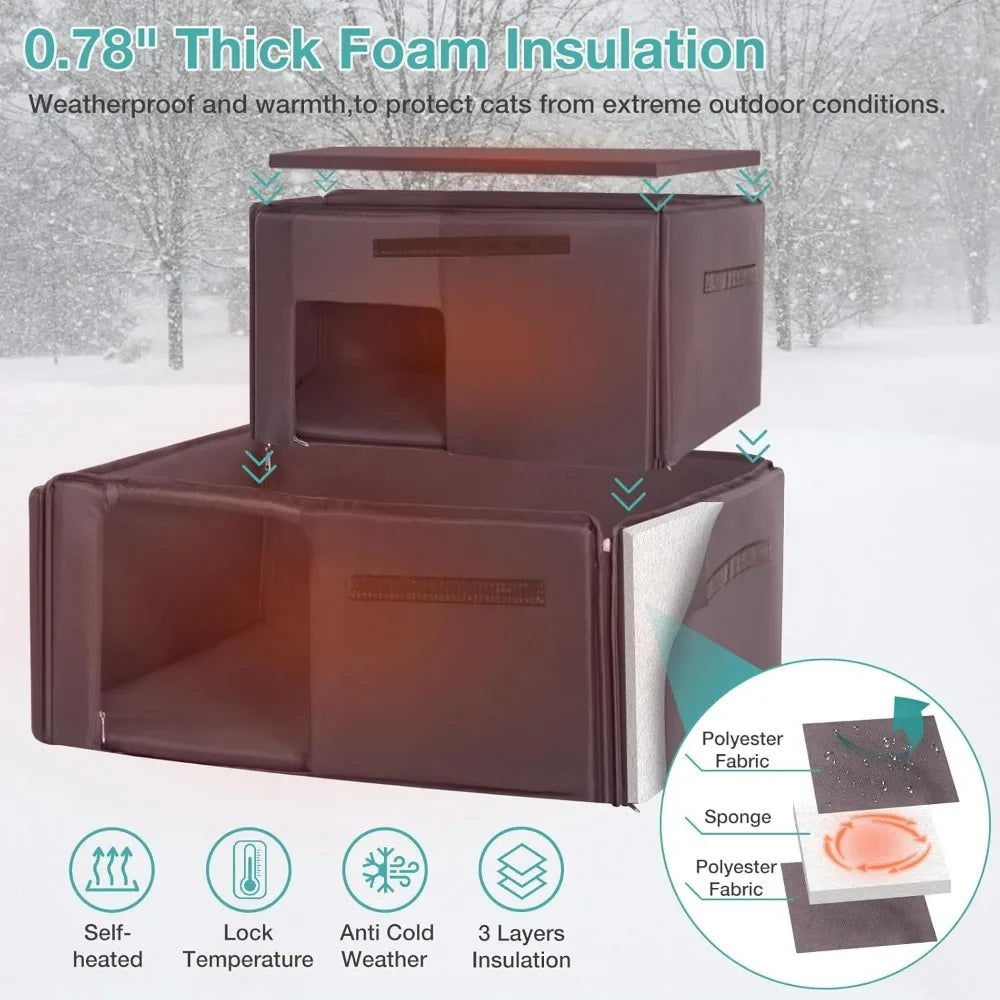 Insulated Outdoor Cat House, Weatherproof Cats Shelter for Winter with Foam Heated Liner, Outside 2 Story Pet House, Kitten Cage