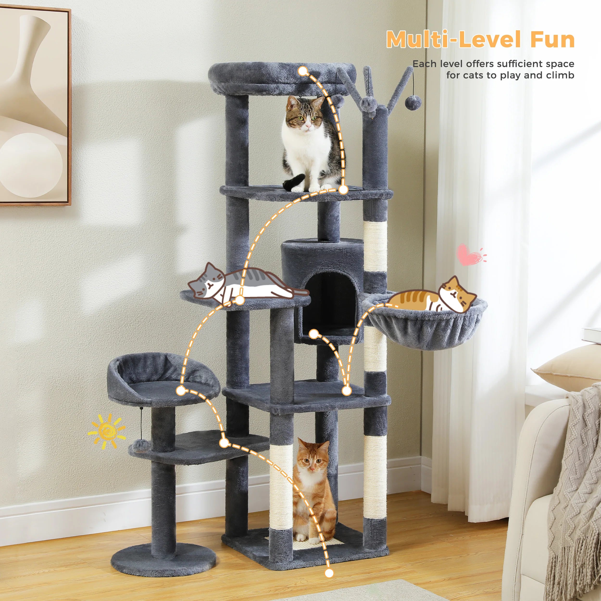 Multi-Level Cat Tree with Scratching Post Hammock Large Perches Hanging Balls Tall Cat Tower for Indoor Spacious Cat Condo House